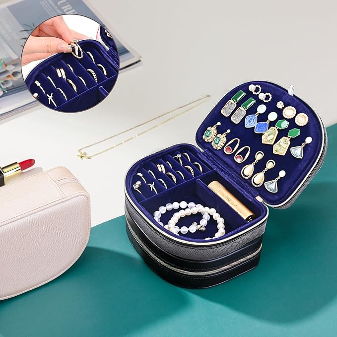 ProCase Travel Size Jewelry Box, Medium Portable Seashell-Shaped Jewelry Case, 2 Layer Mini Jewelry Organizer in PU Leather for Women -Glossy Black