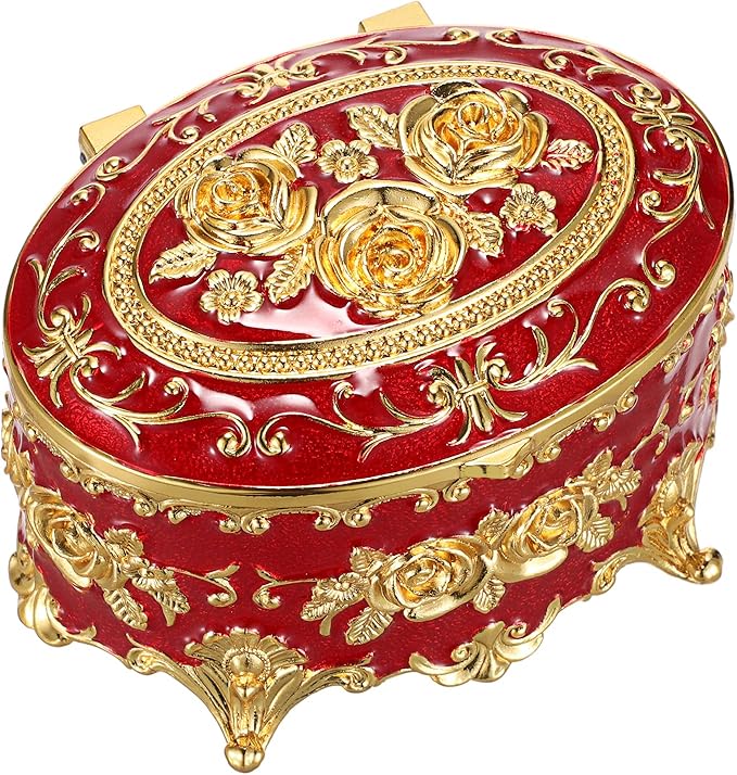 Hipiwe Oval Jewelry Box Classic Metal Trinket Organizer Ring Storage Box with Rose Pattern Jewelry Storage Box for Ring Earrings Necklace, Gift for Women, Red
