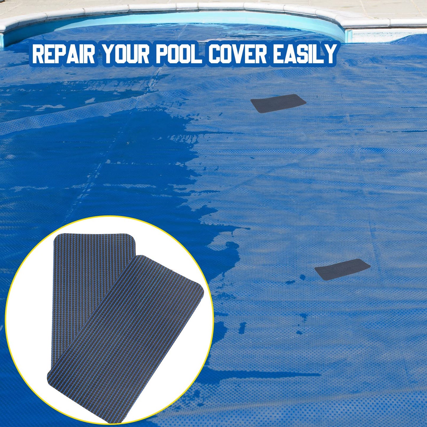 Treela 6 Pcs Pool Safety Cover Patch Kit Repair Kit Blue Swimming Pool Patch Repair Mesh Self Adhesive Mesh Inground Saver Pond Covers (4 x 8 Inch)