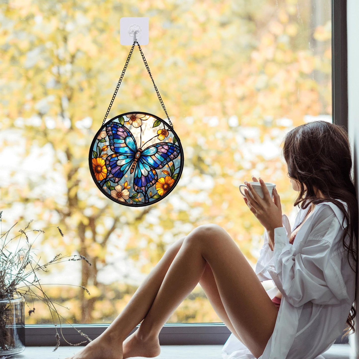 JAWNLITY Butterfly Stained Glass Suncather for Window Hanging, 6.3'' Blue Butterfly Ornament Gift for Women, Nature-Inspired Wall Art Home Decor Gifts for Mom, Grandma, Mother's Day (Blue, 6.3'')