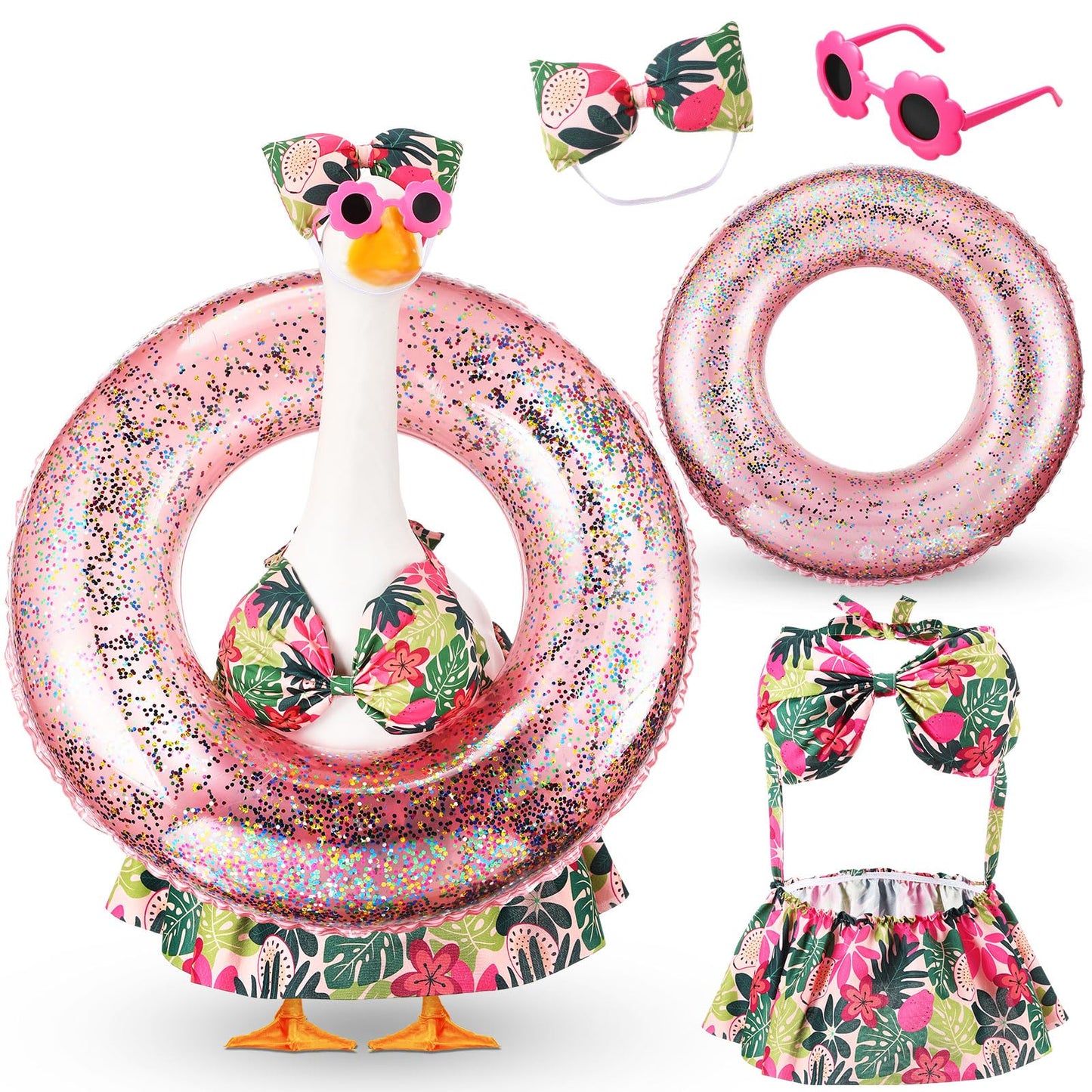 Sunnymove Bikini Porch Goose Outfits with Sunglasses and Swimming Tube for 23" Summer Goose Costume Garden Patio Statue Decor(Flower)