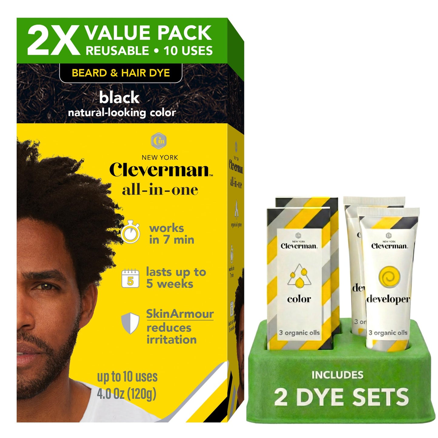 2X Reusable Hair & Beard Dye for Black Men â Black 1.0 | Up to 10 Uses, 7 Minutes | Natural Gray Coverage, No-Drip Cream with SkinArmour® â Cleverman