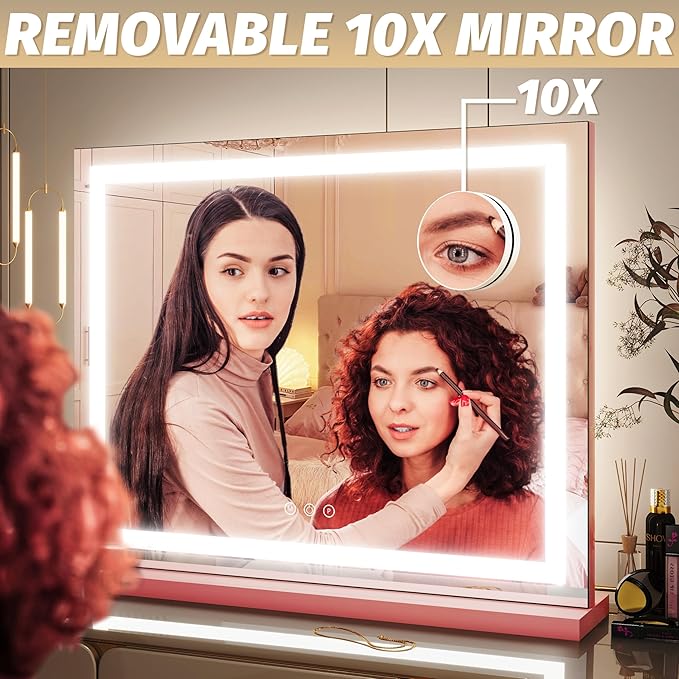 FENNIO Vanity Mirror with Lights 23"x18", Lighted Makeup Mirror, Large Vanity Mirror, Touch Sensor with 3-Color Lighting, 10X Magnification and USB Charging Port for Vanity Desk(Square Pink)