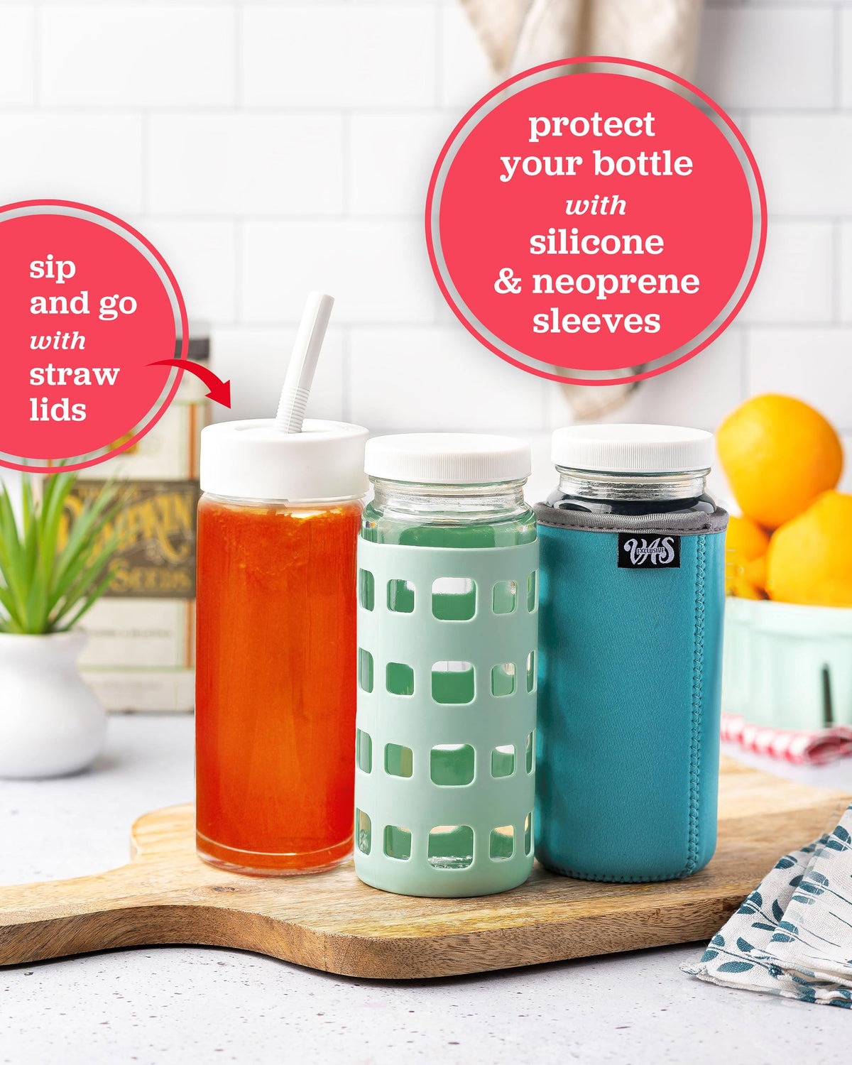 16oz Glass Juice Bottles with Lids - 6 Pack Wide Mouth Glass Water Bottles for Juices, Smoothies, Beverage Storage - Durable, Reusable, Dishwasher Safe, Glass Bottles for Juicing (White Caps)
