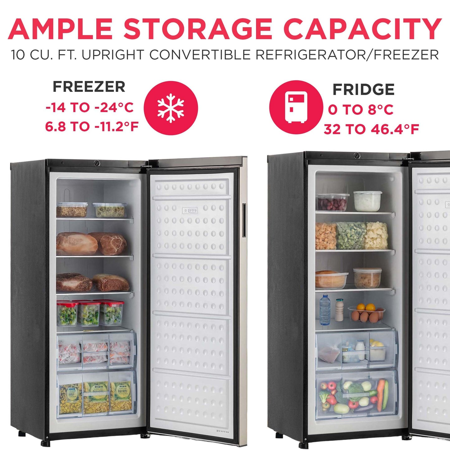 Frigidaire 10 Cu. Ft. Upright Convertible Fridge/Freezer, Reversible Door, Removable Glass Shelves, Adjustable Controls, Platinum Finish