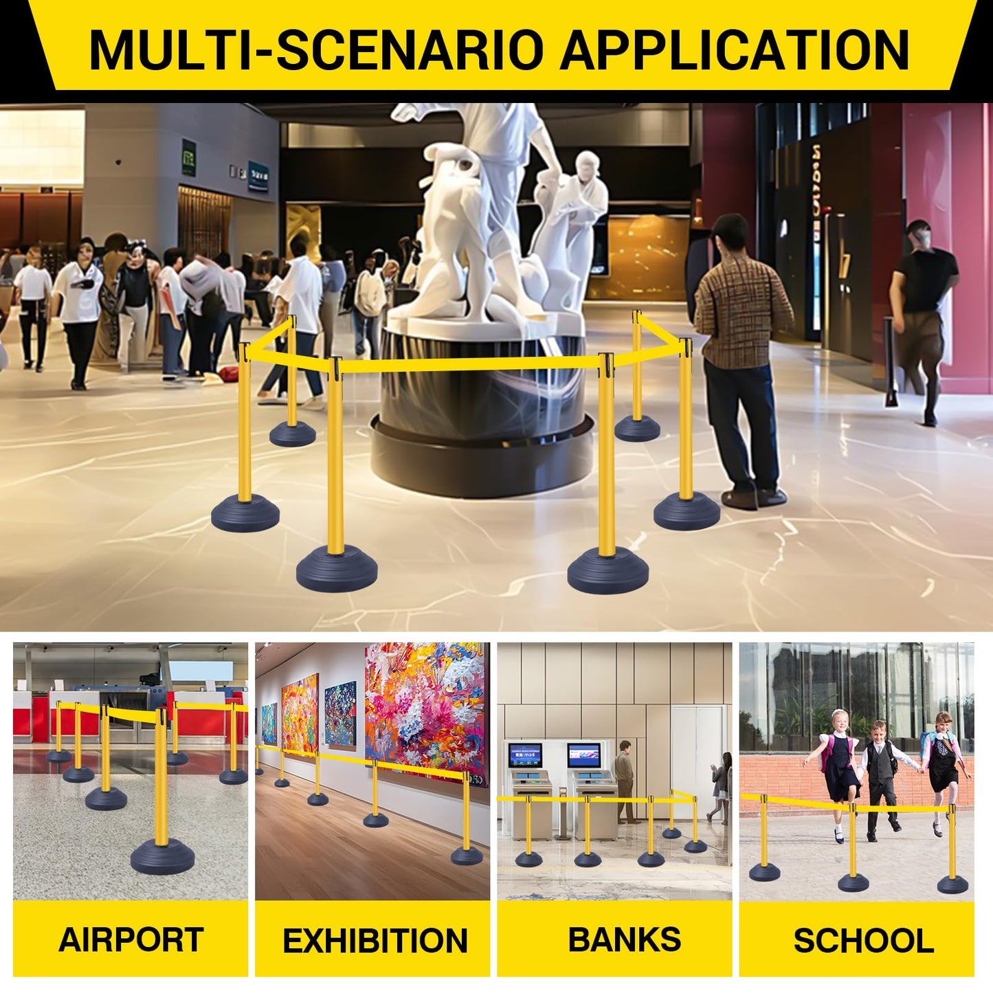 Vilnow 10 ft Crowd Control Stanchion Set, Yellow Crowd Control Barrier with Retractable Belts & Water-Filled Base, Queue Management Stanchion (6 Pack)
