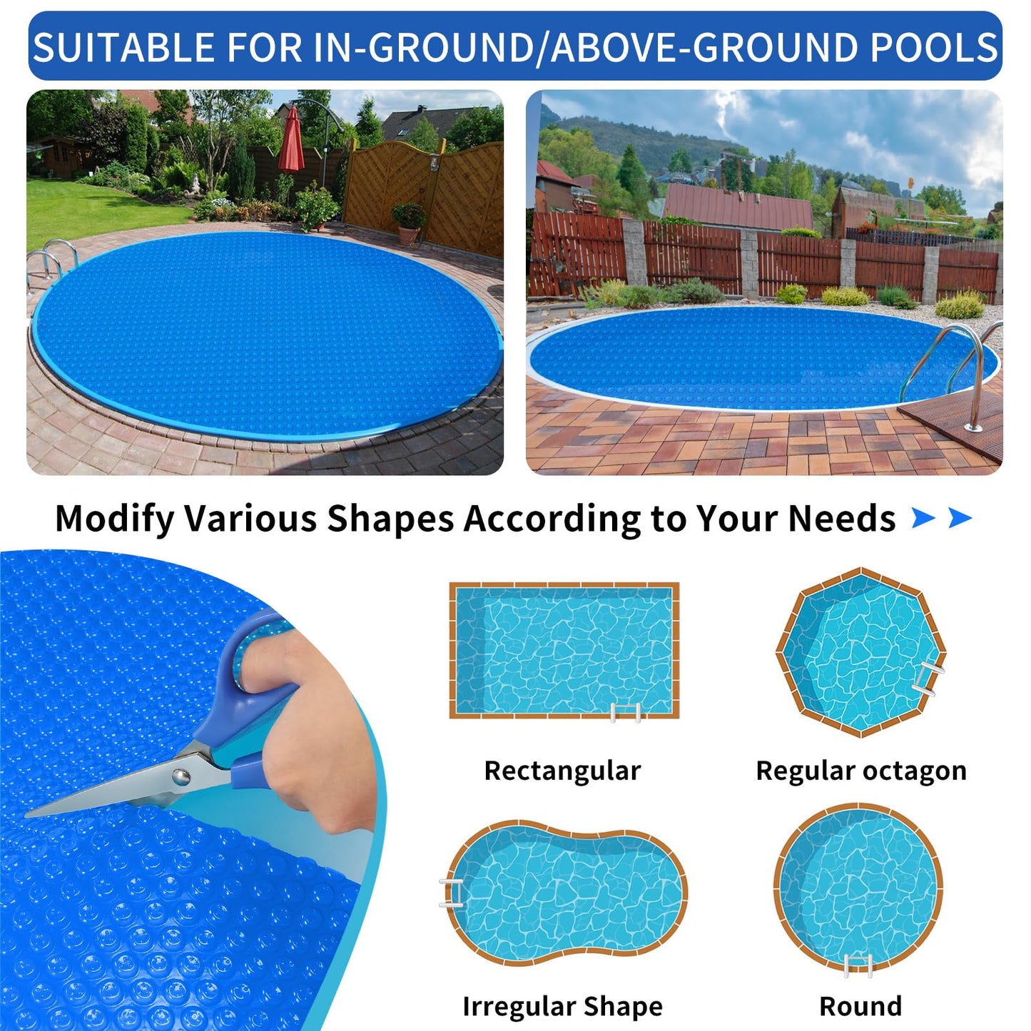 Evoio Solar Pool Cover 15 ft Round for Above Ground Inground Pools Bubble Wrap Covers for Hot Tub Spa Thermal Heating, 12 Mil Circle Blue Floating Blanket for 6-24 Foot Feet Diameter Swimming Pools