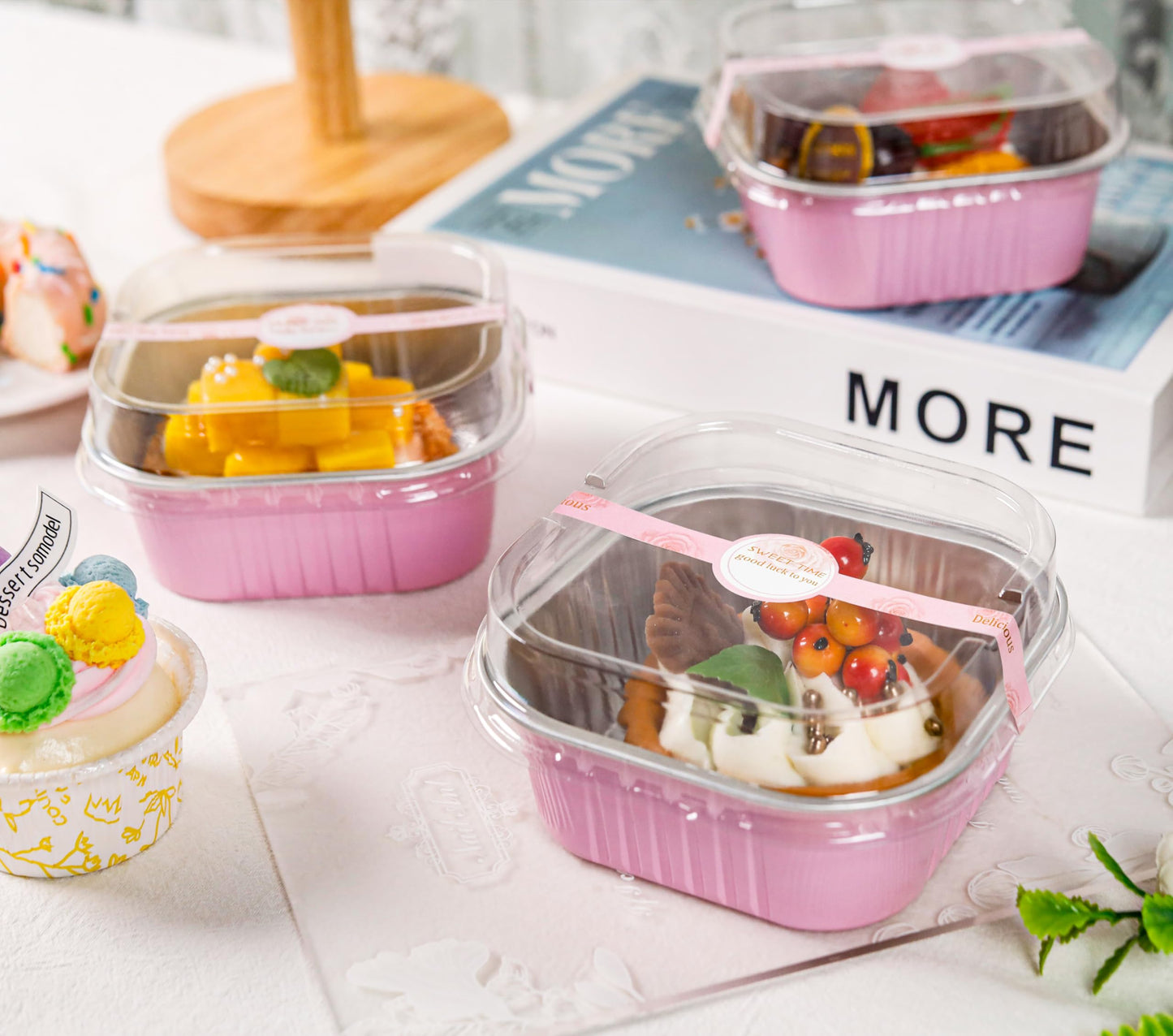 NPLUX 50 Pcs Mini Square Baking Cups with Lids and Spoons Aluminum Foil Mini Cake Pans with Lids Disposable Ramekins Cake Pans Dessert Cups for Wedding Birthday Party(Pink,10oz)