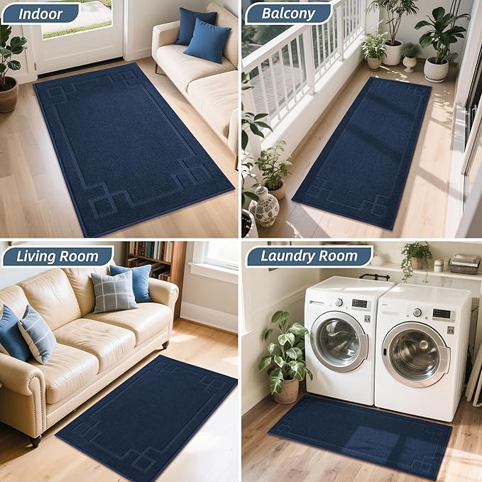 BEQHAUSE Door Mat 36" x 60", Non-Slip Door Mats Indoor Entryway Rugs Washable Low-Profile Absorbent and Stain Resist Floor Mats, Dog Door Mat for Front Back Door, Mud Wet Shoes & Paws, Navy Blue