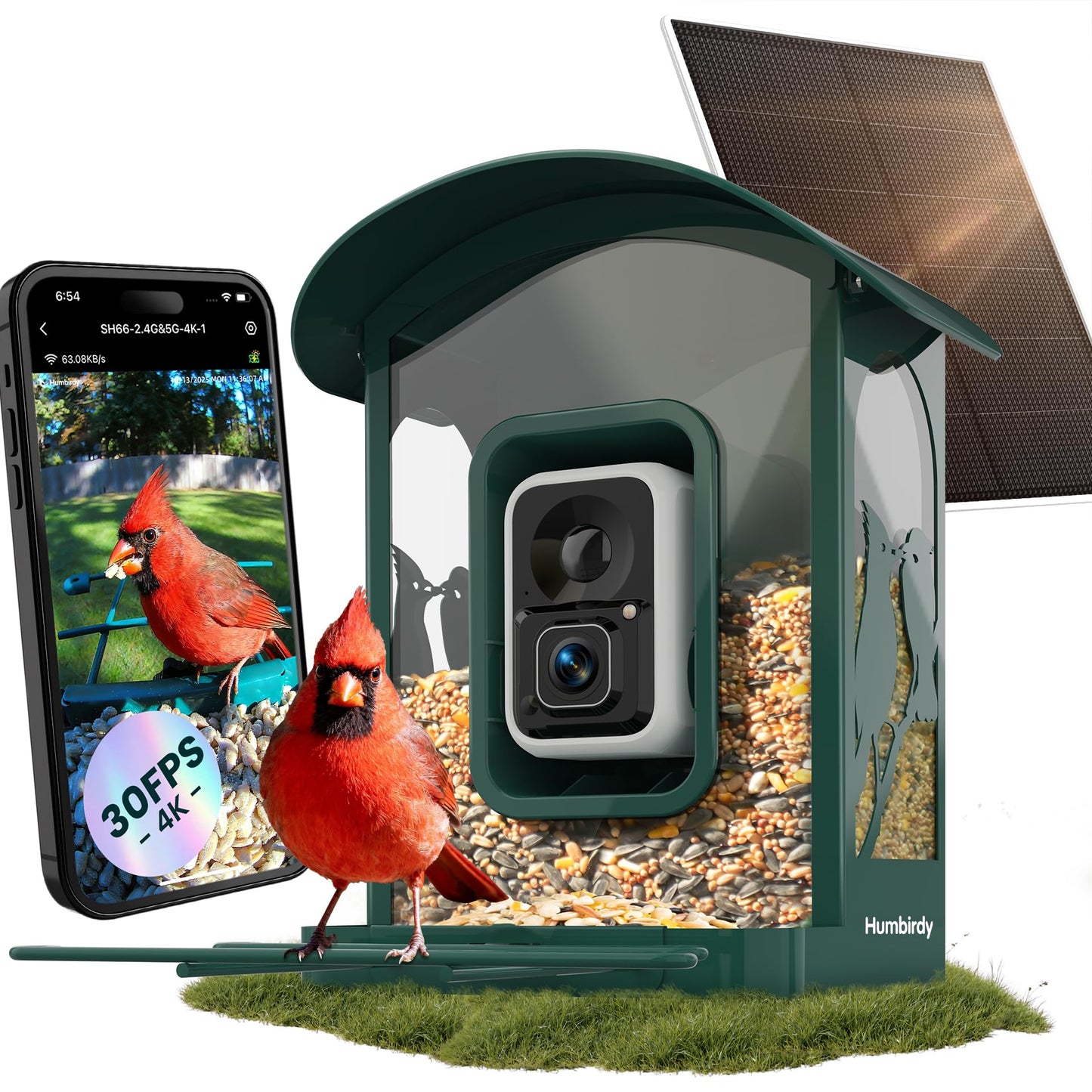 Humbirdy Bird Feeder with Camera, 4K Ultra HD Video with 30fps Live View, 10x Slow Motion, No Subscription, Solar Powered AI Smart Bird Feeder with Camera, 2.4G/5G Wi-Fi, Durable Metal,Bird Lover Gift