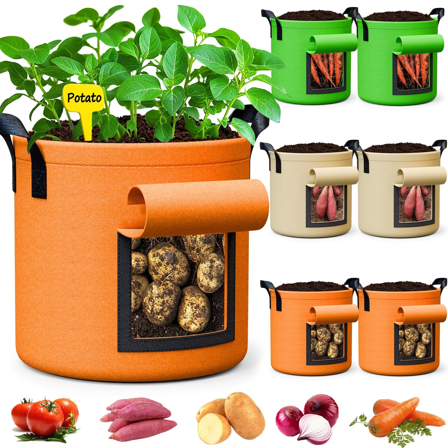 RVZHI 20 Gallon Large Potato Grow Bags - 6-Pack Colored Aeration Fabric Pots with Flap/Handles/6 Pcs Plant Labels