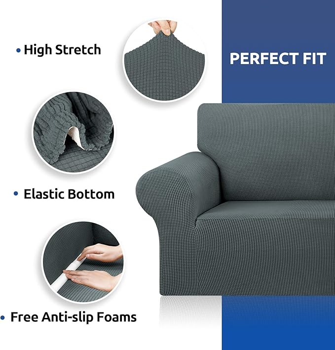 KEKUOU Stretch Sofa Cover Slipcover ,Couch Covers for 3 Cushion Couch Sofa (78"-94") Furniture Protector 3 Seater Sofa with Elastic Bottom for Kids,Dog, Jacquard Small Checked(Large,Grey)