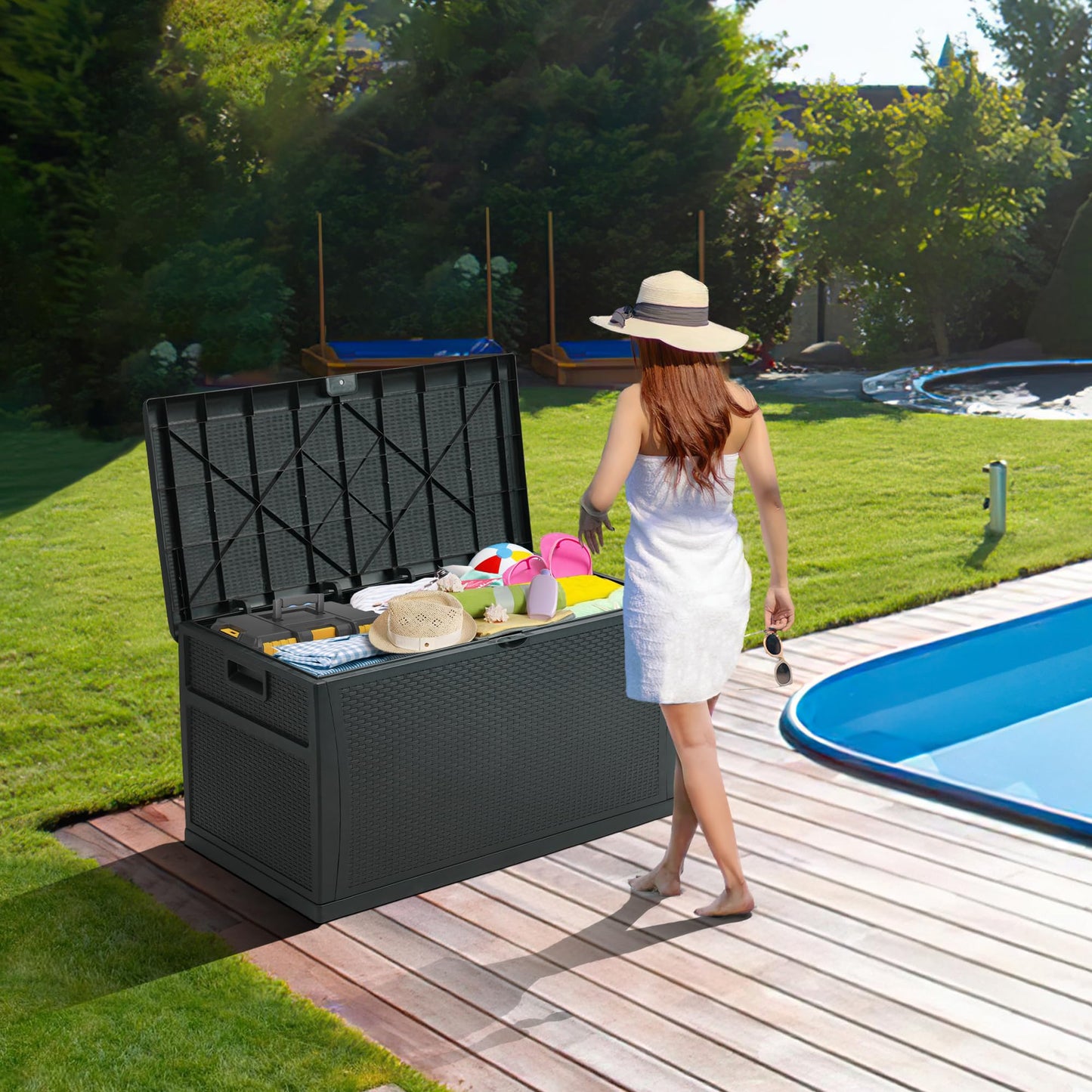 ZYJOYY 100 Gallon Resin Deck Box Waterproof Outdoor Storage Box and Patio Furniture Side Table for Pool Accessories, Gardening Tools, Outdoor Indoor Cushions, Lockable, UV Resistant