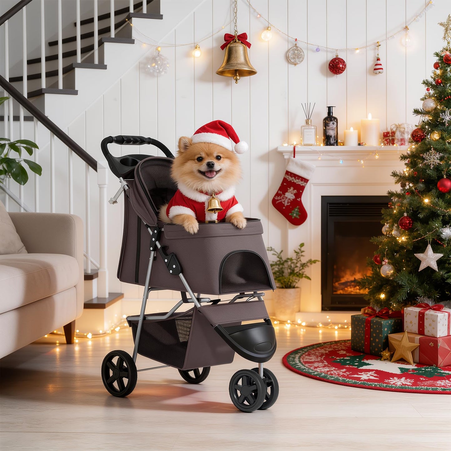 MoNiBloom Foldable Dog Strollers for Small Dogs with Weather Cover, 3 Wheels Pet Strolling Cart for Dogs and Cats with Storage Basket and Cup Holder, Breathable and Visible Mesh for All-Season, Coffee