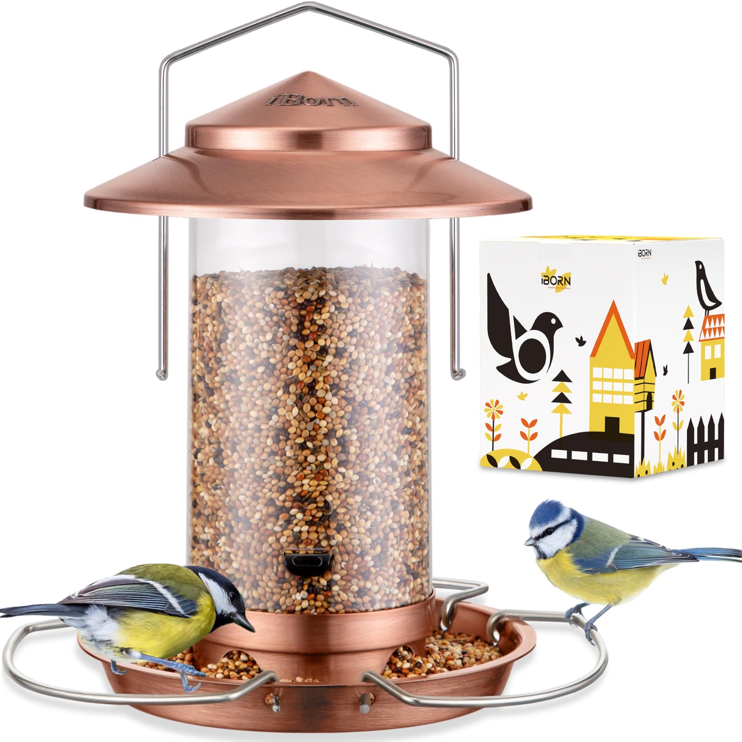 iBorn Bird Feeder Metal Squirrel Chew-Proof Bird Feeders for Outdoors Hanging Outside for Cardinal, Holds 1.5LB Seed with 3 Perchs, Brushed Copper (Seed is not Included)