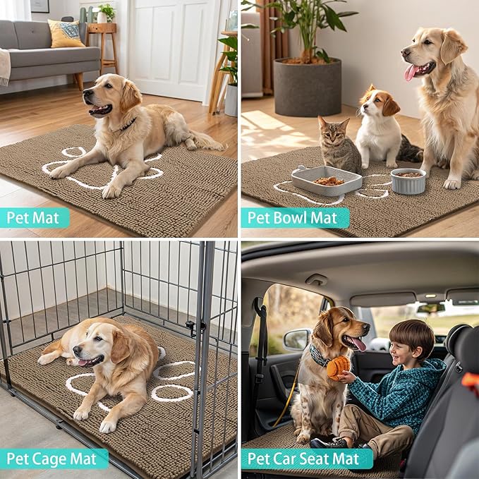 Smiry Dog Door Mat for Muddy Paws, Absorbent Dirt Trapper Non Slip Quick Dry Washable Chenille Mat for Mud Dogs, Entry Rug for Indoor and Outdoor (70x24 Inches, Camel and Black)
