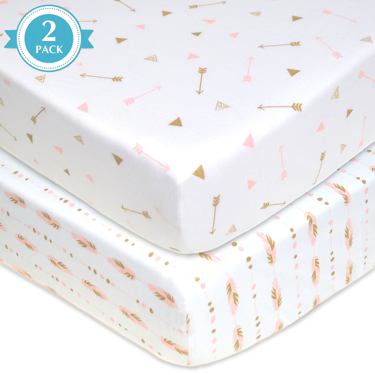 American Baby Company 2 Pack Fitted Crib Sheets 28" x 52", Soft Breathable Neutral 100% Cotton Jersey Sheet, Sparkle Gold/Pink Feathers/Arrows, for Boys and Girls, Fits Crib and Toddler Bed mattresses
