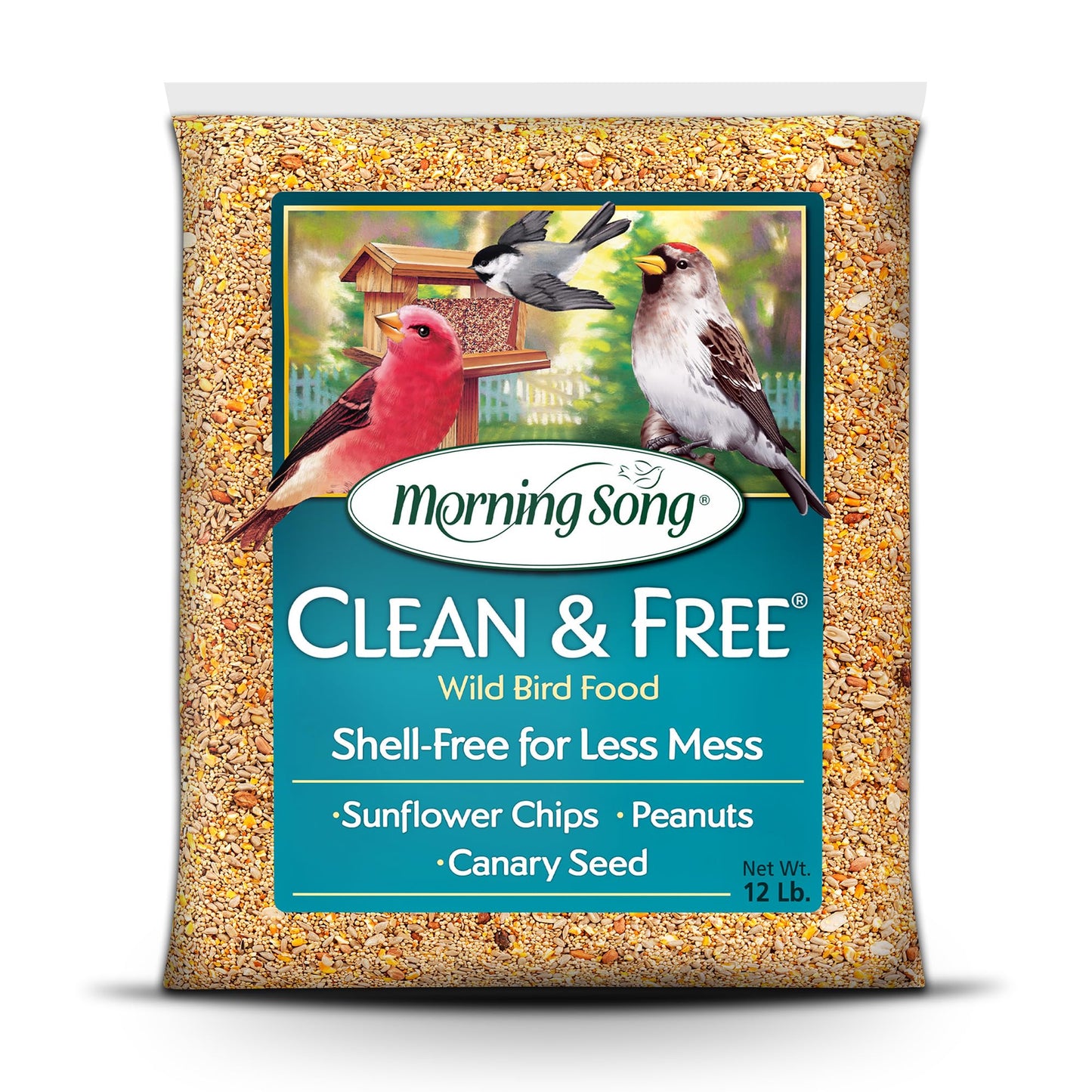 Morning Song Clean & Free No Mess Wild Bird Seed â 12 lb. Shell-Free Bird Food Blend with Sunflower Chips, Peanuts & Canary Seed â No Waste Bird Food for Outside Feeders