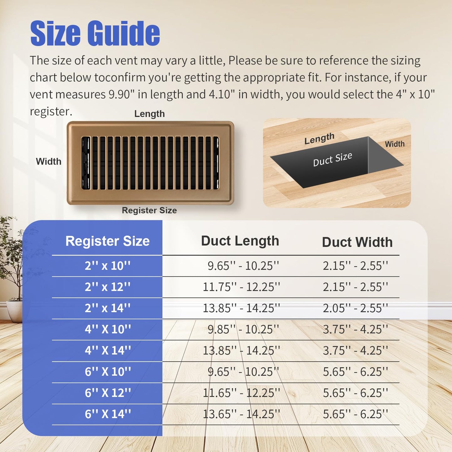 BYEWIRE Floor Register 4x10, Adjustable Floor Vent Covers for Home Floor, Wall, Heavy Duty Walkable Steel Floor Vents, Rust-Proof Register Vent Cover, Air Vents 2 Pack Value Set, Brown