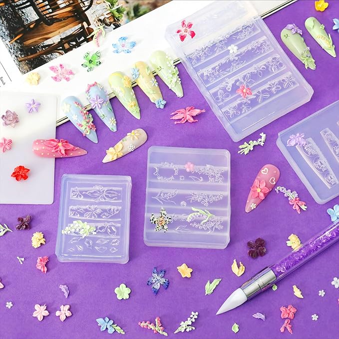 Laza 4pcs Silicone Nail Art Molds, Acrylic 3D Spring Summer Flower Nail Charms Molds Clear Modeling Templates Silicone Flowers Pattern Nail Tools with Sculpture Pen for Salon Nail Design