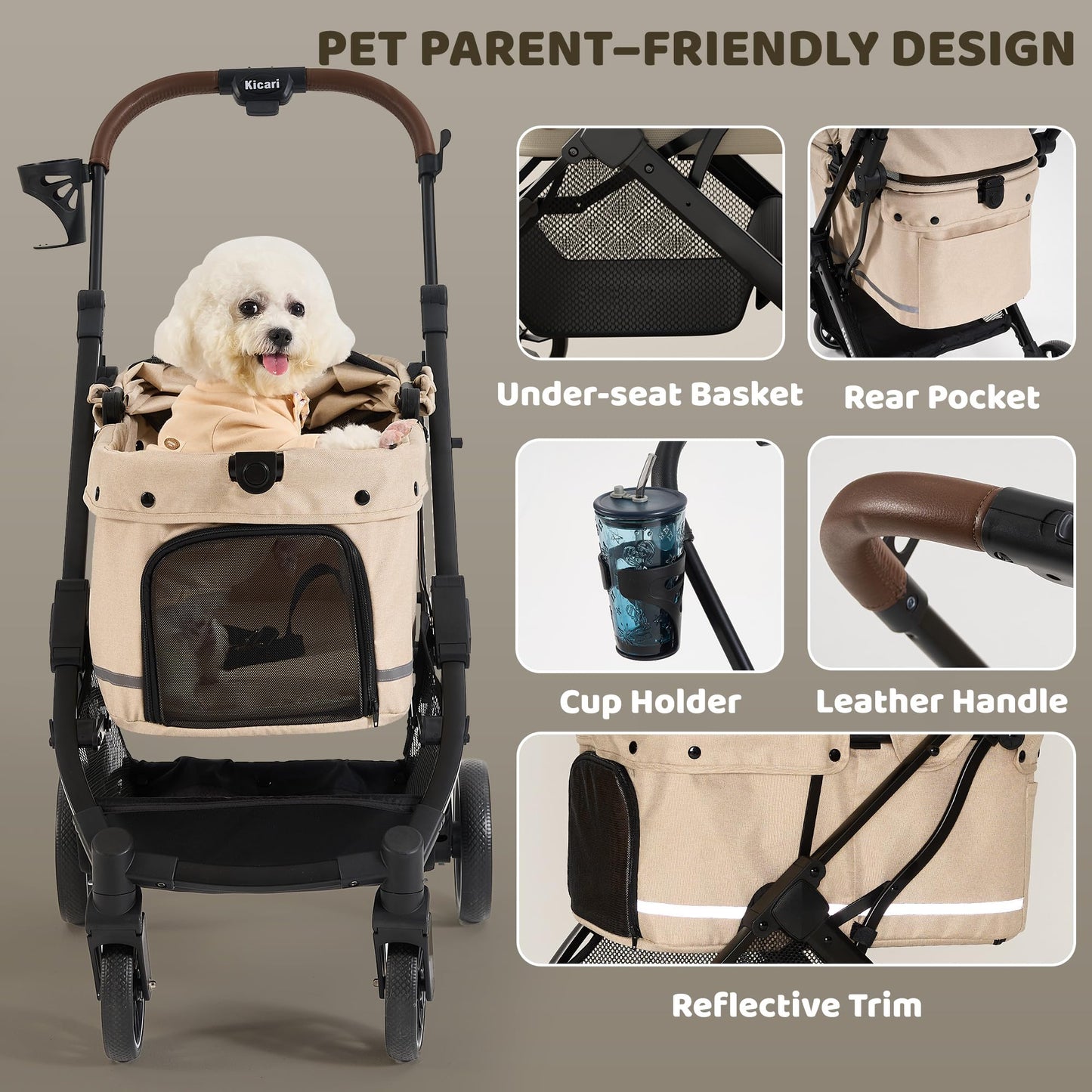 Kicari All-Terrain Dog Stroller for Small to Medium Dogs, Pet Stroller for Dogs & Cats Outdoor Walks, One-Hand Easy Fold, Double-Layer Anti-UV & Waterproof Canopy & Breathable Mesh, Vanilla Beige