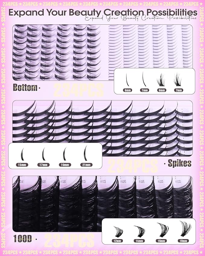 Wispy Lash Clusters with Spikes D Curl Eyelash Clusters with Bottom Lashes 100D Fairy Cluster Lashes Volume Cluster Eyelash Extensions 234PCS Fluffy Individual Lashes DIY Mink Spiky Lash Extension