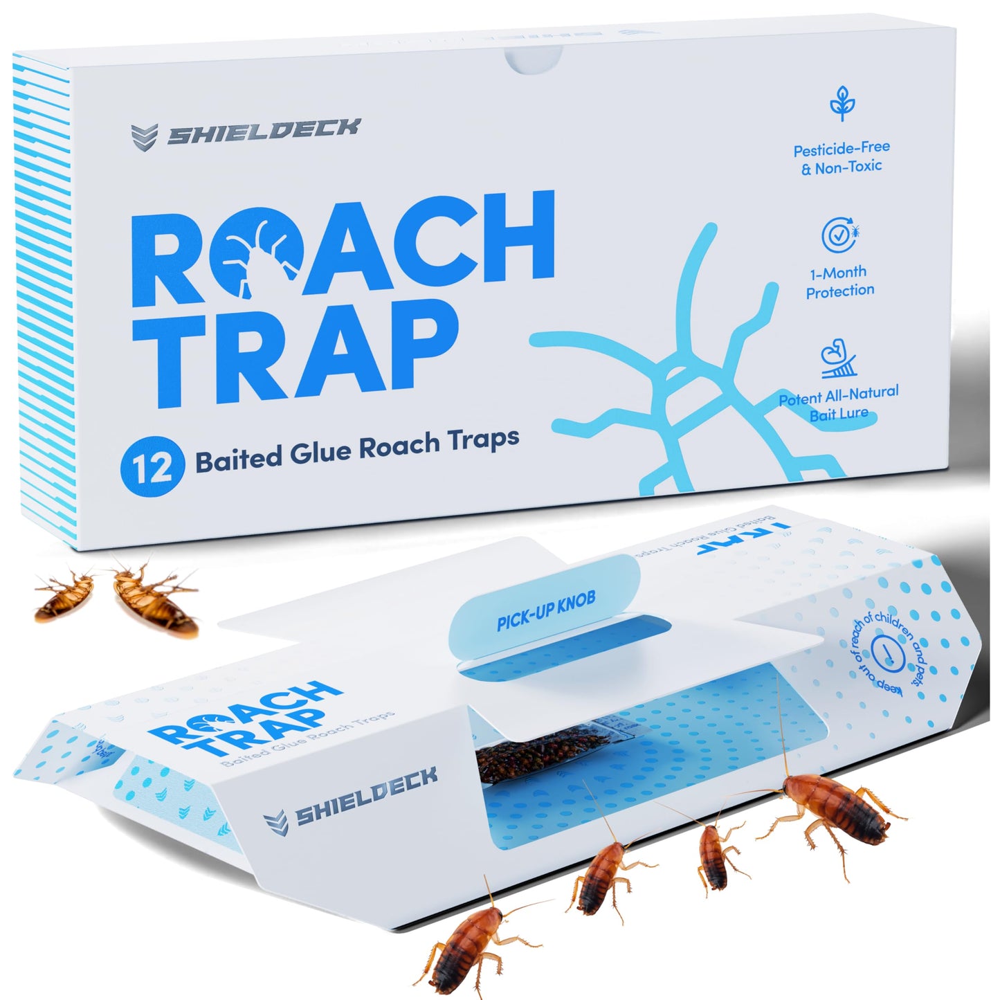 Shieldeck Roach Traps Indoor (12 Pack) â Non-Toxic Sticky Glue Traps for Roaches, Spiders & Crickets â Safe Roach Catcher for Home, Car, Apartment & Motel Pest Control