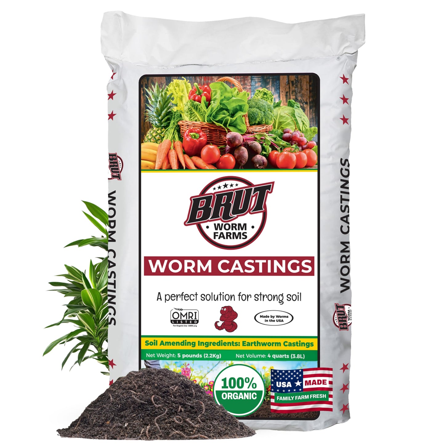 Brut Organic Worm Castings for Plants 5 LB â Natural Nutrients, Fertility Builder, Plant Food for Potting Soil and Garden Soil â Indoor and Outdoor Use
