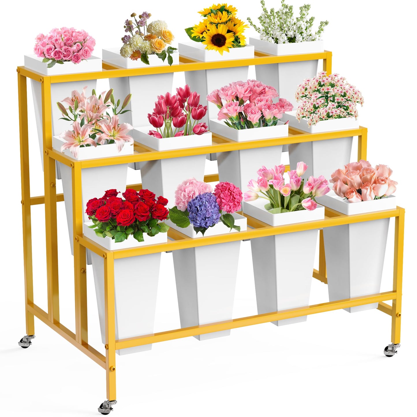VGMiu Flower Display Stand with 12 Buckets, Flower Cart 3 Layers Gold Metal Flower Bar Stand with Wheels, Moving Florist Bouquet Shelf for Weddings Florist Indoor Outdoor Patio Garden Living Room