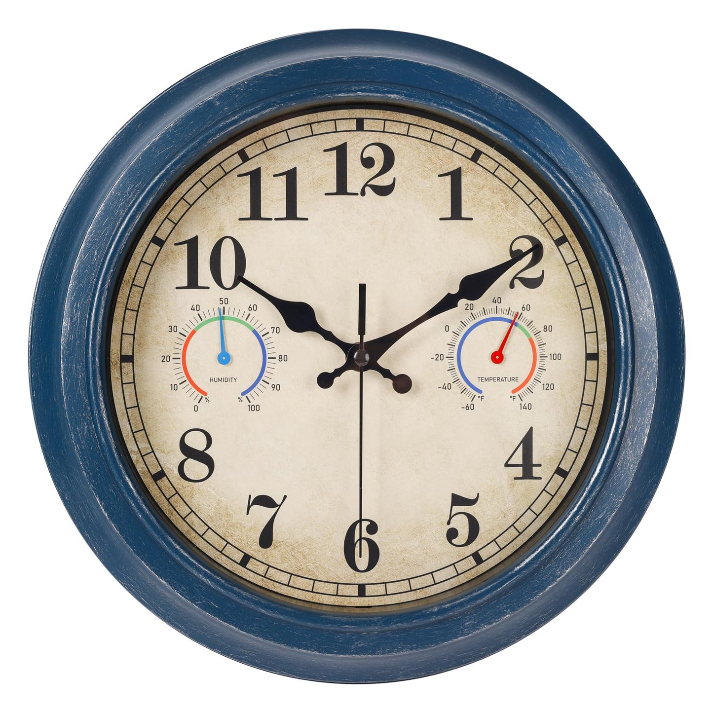 12 Inch Outdoor Clock with Thermometer and Hygrometer Combo, Waterproof Indoor Outdoor Wall Clocks for Patio, Pool, Garden, Bathroom Decor- Blue