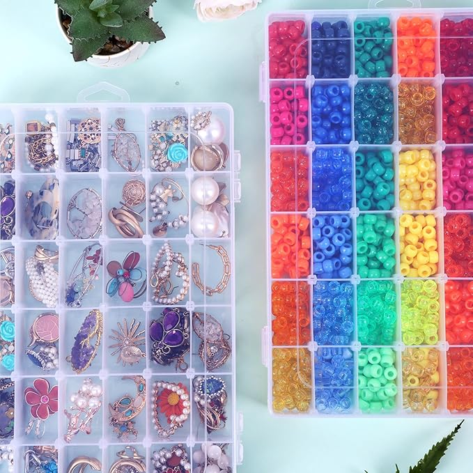 OUTUXED 4 Pack 36 Grids Plastic Bead Organizer Box with Dividers, Clear Craft Tackle Box Parts Storage Containers with Compartments for Jewelry Fishing Tackle Art DIY with 5 Sheets Label Stickers