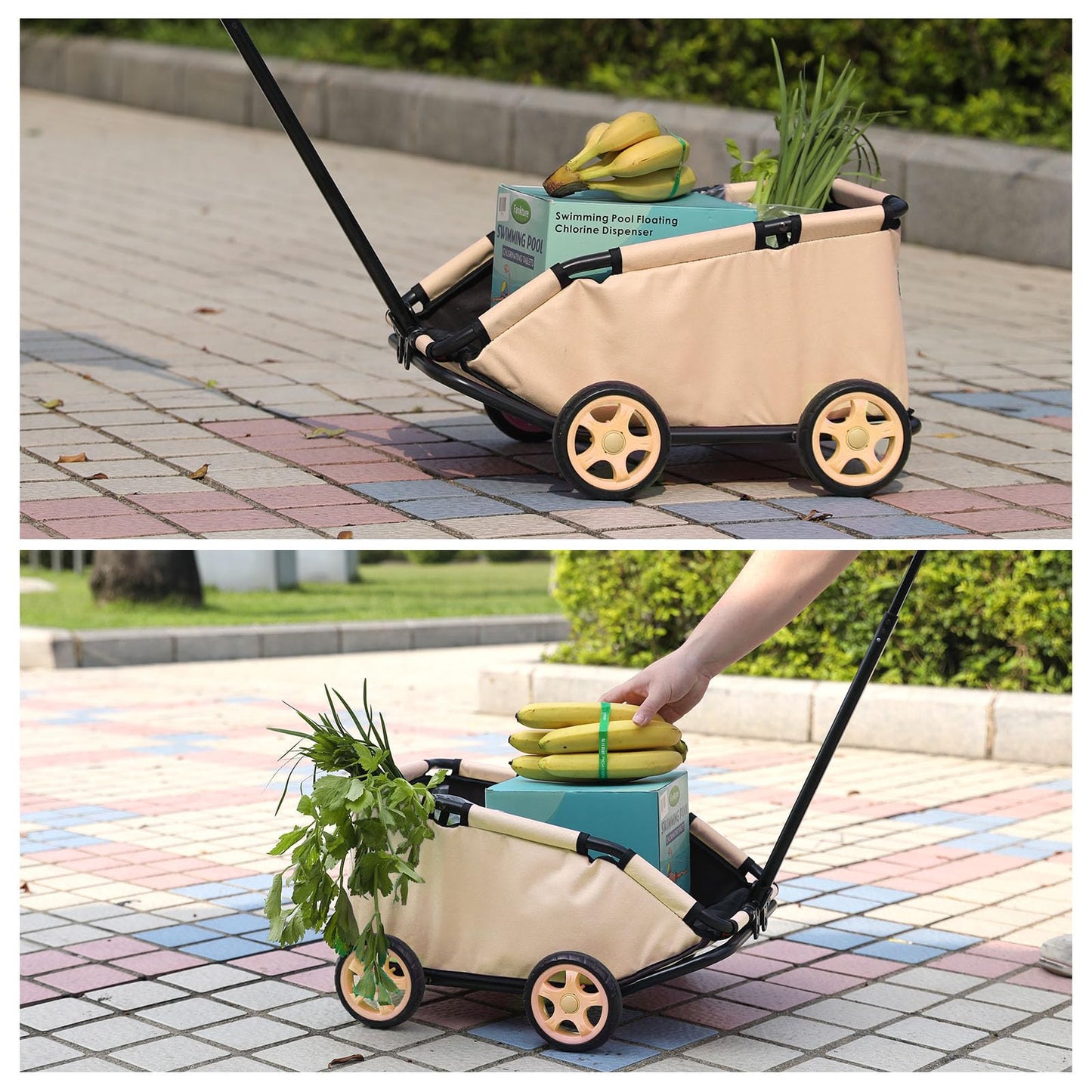 AESRAOU Mini Dog Strollers for Mini Pets, Foldable Multifunctional Shopping Carts with Extendable Pull Handle, Doggie Wagon Built-in Cushion and Safety Rope with Storage Bag (Khaki)