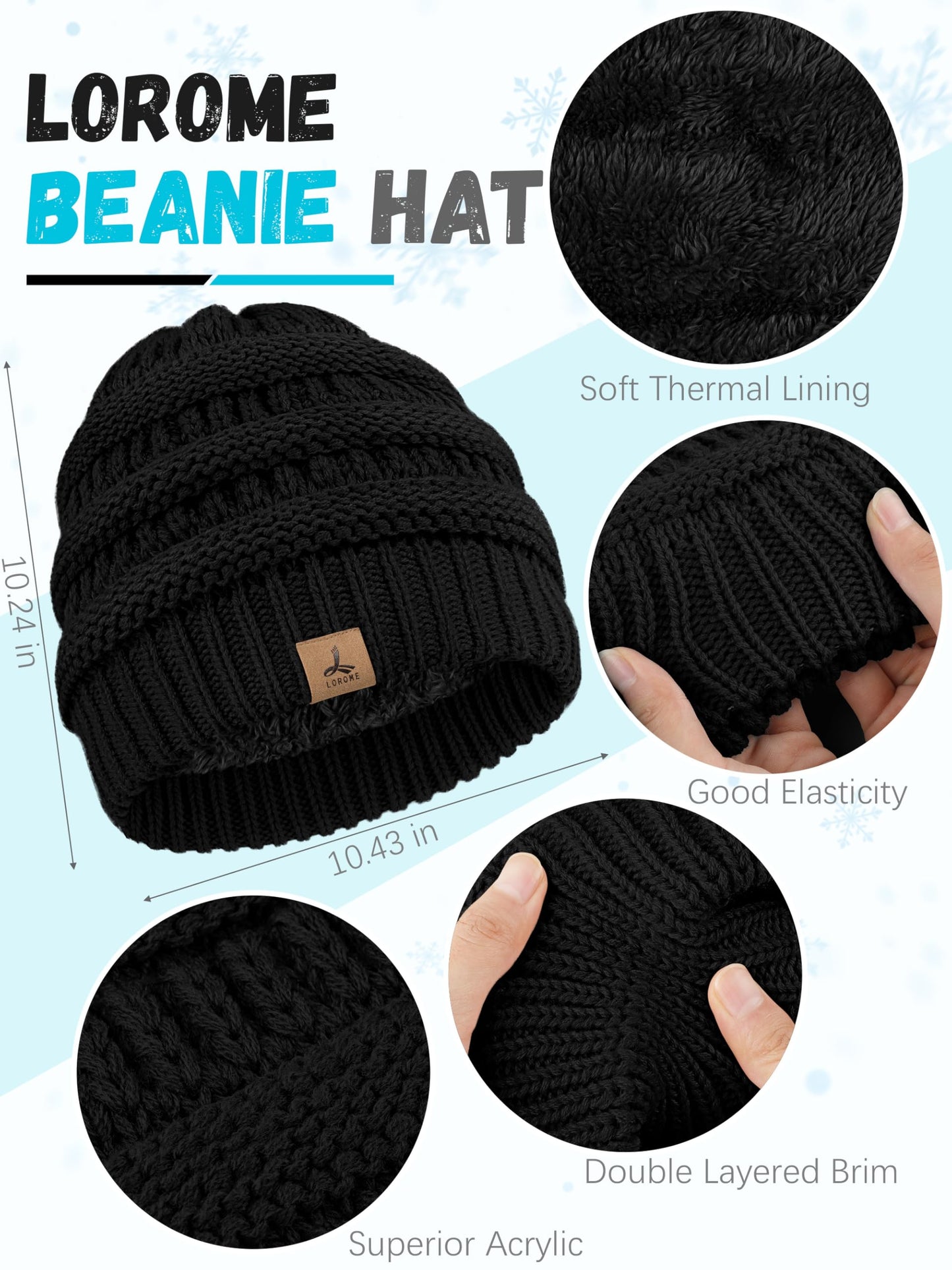 LOROME Winter Beanie Hat Scarf Gloves, Warm Fleece Knit Winter Hats Touch Screen Gloves Neck Scarf Set Winter Gifts for Women Men