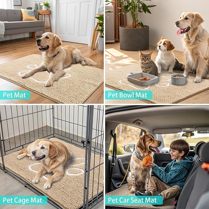 Smiry Dog Door Mat for Muddy Paws, Absorbent Dirt Trapper Non Slip Quick Dry Washable Chenille Mat for Mud Dogs, Entry Rug for Indoor and Outdoor (47x24 Inches, Beige and White)