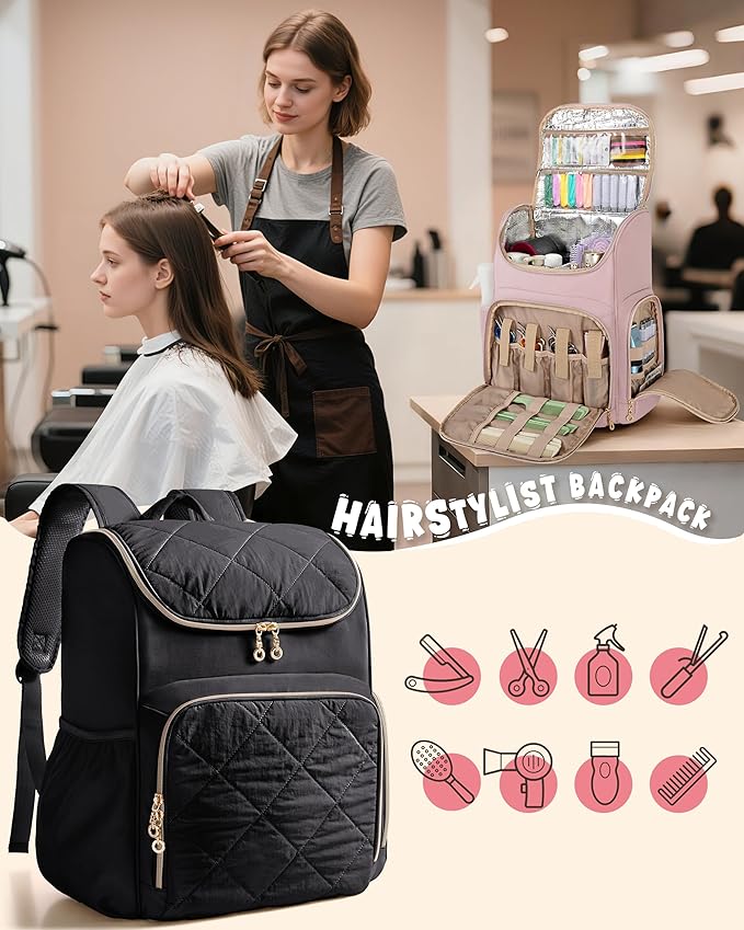 Insulated Hairstylist Travel Bag Backpack with Detachable Dividers and Multiple Pockets, Quilted Hair Tool Travel Bag with Multiple Pockets for Hairstylist and Barber, Pink