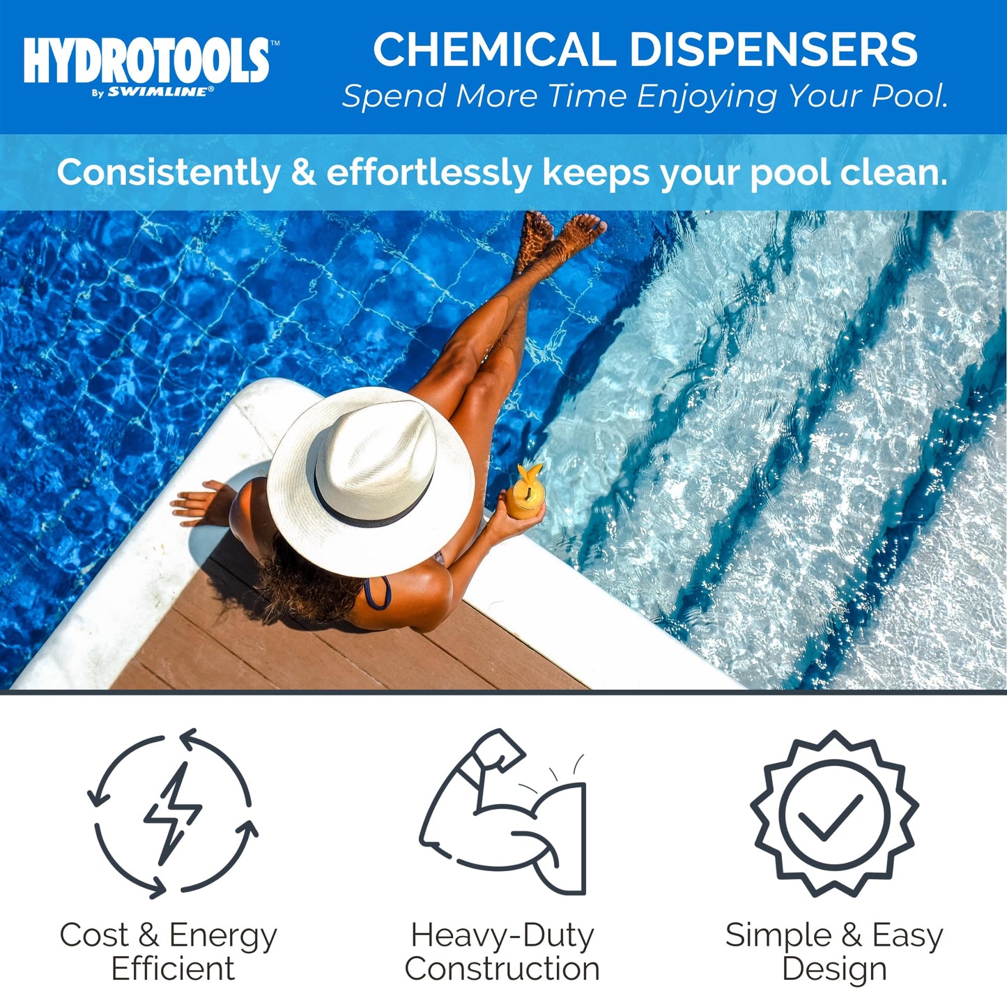 HYDROTOOLS BY SWIMLINE 87400 Large Capacity Pool & Spa Chemical Dispenser Thermometer Combo | Compatible Bromine & Chlorine Supports 1-3’’ Tablets | Adjustable Customizable Flow Rate | Cost Effective