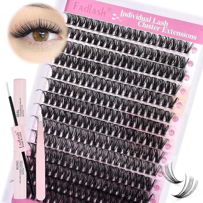 FADLASH Lash Clusters Kit Lash Extensions Individual Lashes D Curl 12-18mm Eyelash Clusters with Lash Bond and Seal Lash Tweezers Natural Lash Clusters Kit 280Pcs