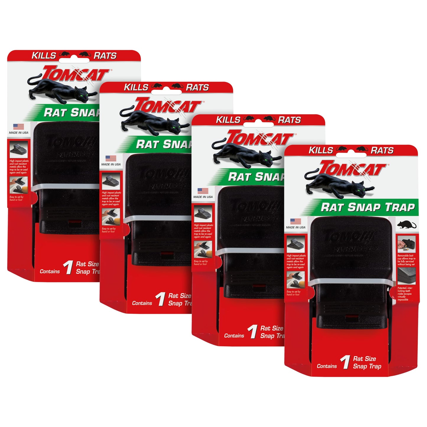 Tomcat Rat Snap Trap, for Home and Farm Use, Kills Rats, Removable Bait Cup, Easy-Set Features, 4-Pack
