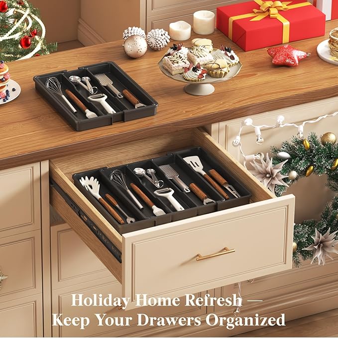 Lifewit Utensil Organizer for Kitchen Drawers, Expandable Cooking Utensil Tray, Adjustable Cutlery Silverware Flatware Holder, Plastic Spatula Tools Storage Divider, 11-18 x 14", Black