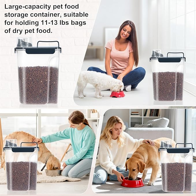 10-13 Lbs Upgrade Capacity Dog Cat Food Storage Container, Pet Dog Treat Container, Airtight, Clear Bucket Body, With 2-Cup Scoop, Handle, Large Nozzle, 4-Safety Buckles, Easy to Clean, Blue