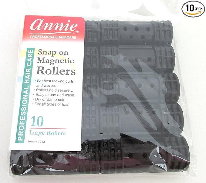 Annie Snap-On Magnetic Hair Rollers – Large 7/8 Inch with Locking Snap-Over Hood – Secure Hold No Pins Needed – Black, 10 Count