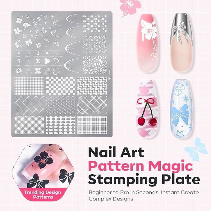 Modelones 16PCS Plaid Nail Stamping Kit – French Tip Stamper White Black Painting Gel Polish Chrome Powder Proof Matte Gel Top Coat Gingham Template Dual Nail Art Brush Spring Manicure Gift for Women