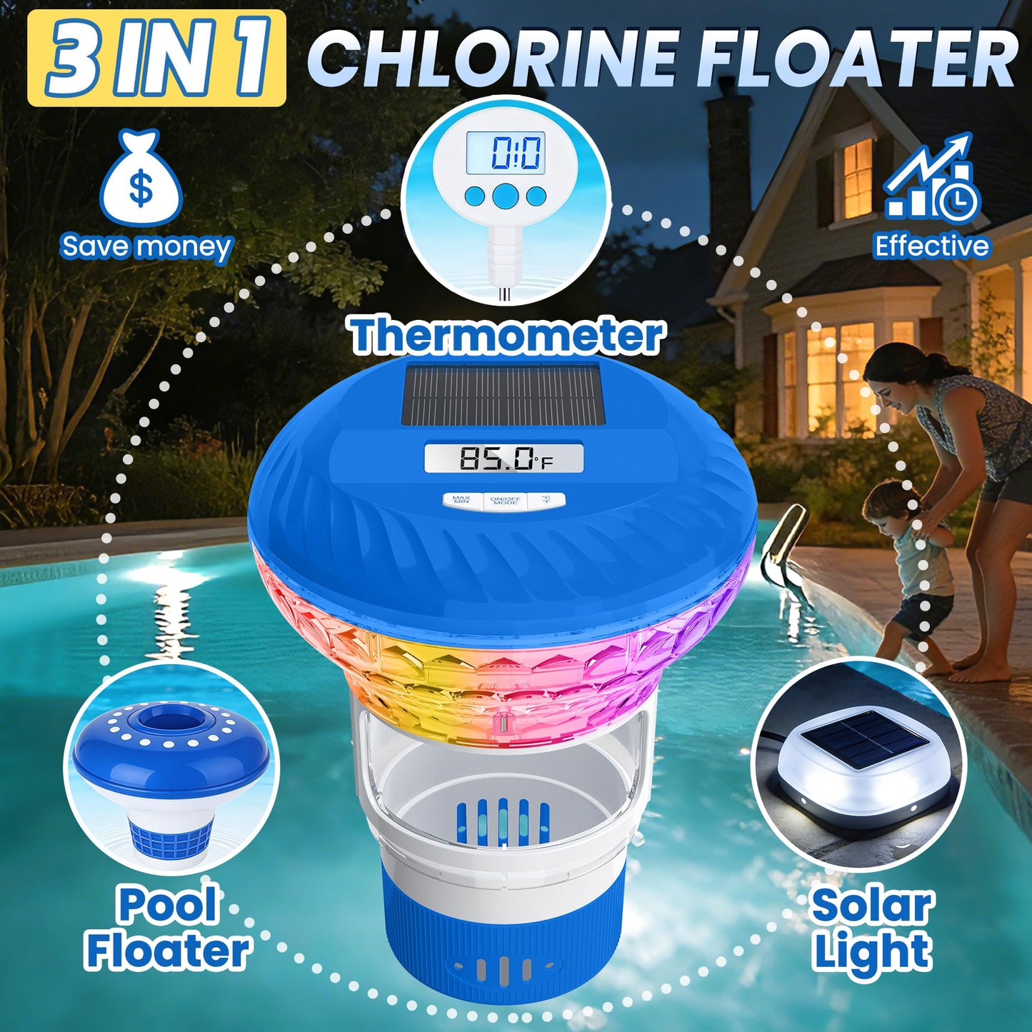 FineBud 2026 Upgraded Pool Chlorine Floater with Thermometer, Digital Screen Pool Chlorine Floater,Solar Pool Chlorine Floaters with Light, Button Control Floating Chlorine Dispenser for Pool (Blue)