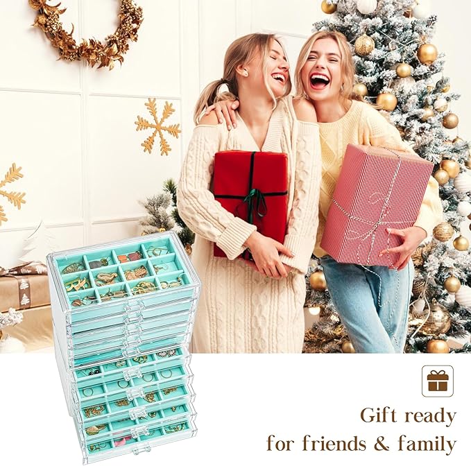 ProCase Earring Holder Organizer Jewelry Box with 10 Drawers, Acrylic Clear Earring Case with Adjustable Velvet Trays for Women - Aqua,10 Layers