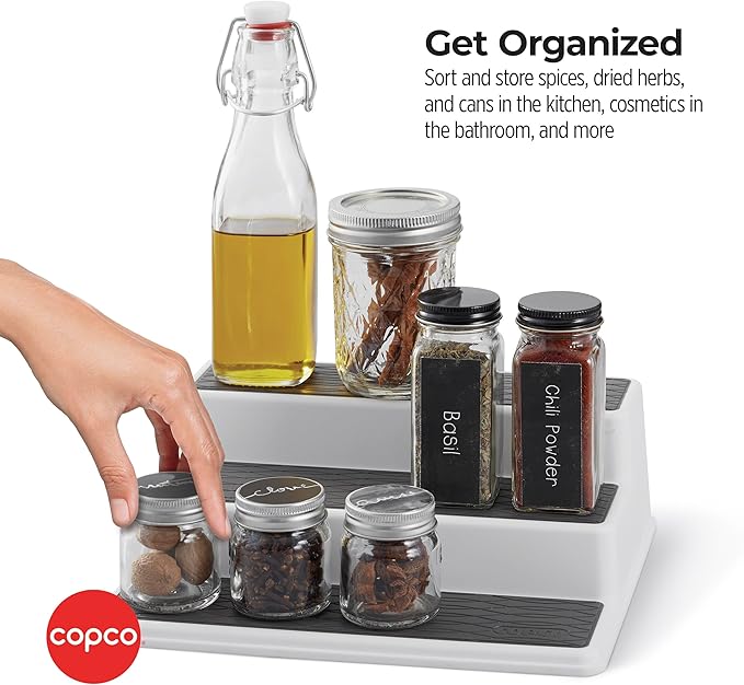 Copco Non-Skid 3-Tier Spice Rack Organizer for Cabinet - 10 Inch Kitchen Pantry Organizer with Raised Rims, White and Gray Step Shelf for Spices, Cans, Jars - Easy Clean Storage Solution
