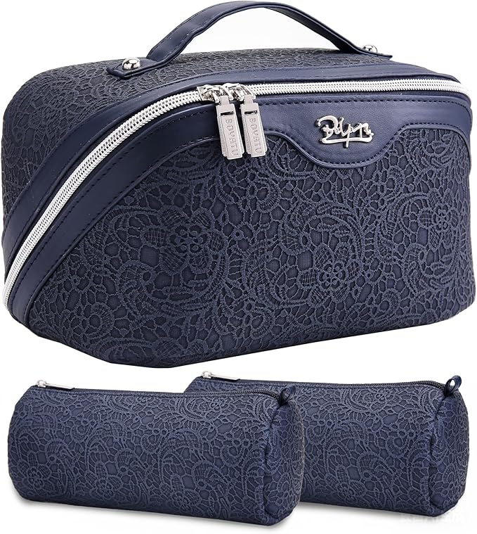 BOYATU Travel Makeup Bags Cosmetic Organizer Bag: 3 Pcs Set Large Capacity Make up Bag with Compartments - Waterproof Leather Toiletry Bags with Handle for Women (A-Dard Blue)
