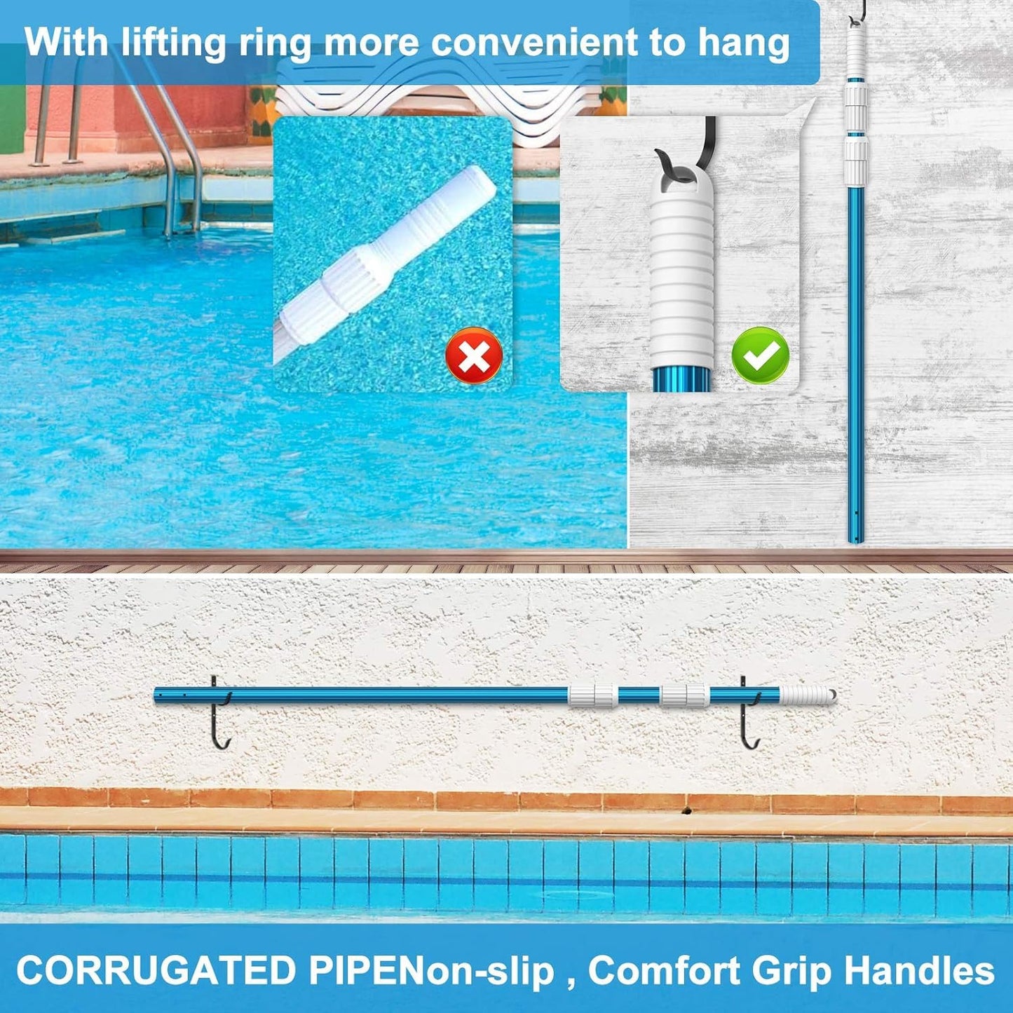 CKE Upgraded 16.5 Feet Thicken 1.3mm Blue Aluminum Telescoping Swimming Pool Pole,Adjustable 3 Piece Expandable Step-Up,Attach Connect Skimmer Net,Rakes,Brushes,Vacuum Head with Hoses, Universal 1.25"