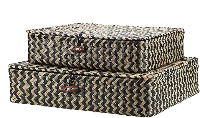 Hipiwe Woven Storage Basket with lid - Flat Wicker Storage Baskets Bins Natural Seagrass Storage Baskets Box for Shelf Home Decor, Set of 2, Blacks Strips