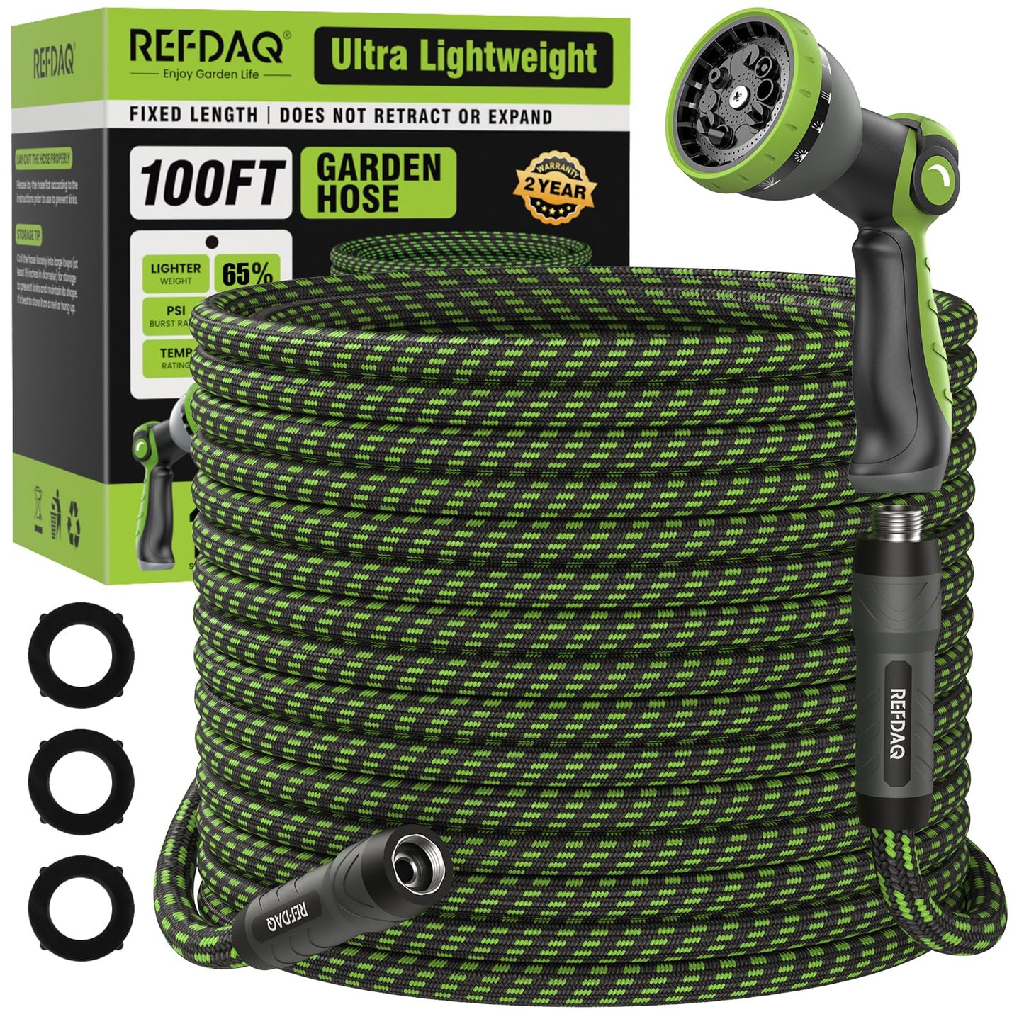 Garden Hose, Flexible Ultra Lightweight Durable, Kink-Free Water Hose with 10 Function Sprayer - Non-Shrinking, Easy to Store, All-Weather, High-Pressure (100 FT)