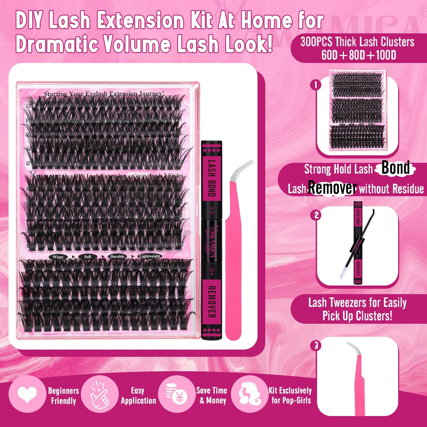 Yawamica Faux Mink Eyelash Extensions Kit, 300pcs 60D+80D+100D Individual Clusters, Black, Cruelty Free, DIY Lash Beginners